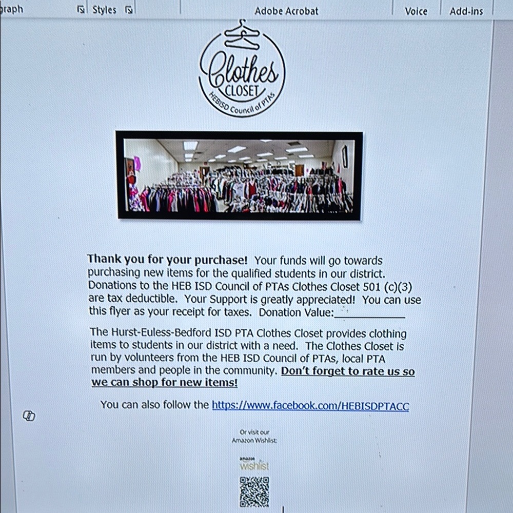 Clothes Closet PTA Donation Flyer